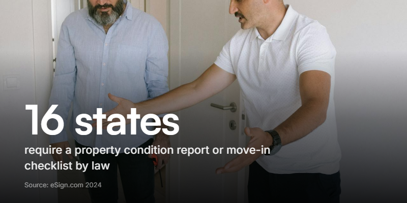 Sixteen US states require a condition report or move-in checklist by law, and more are adding photo rules. Source: eSign.com.