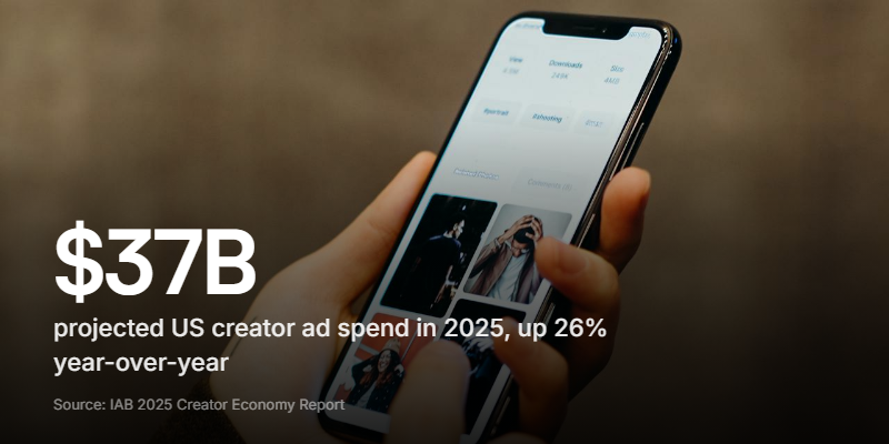 Creator marketing spend is growing nearly 4x faster than the wider media industry. Source: IAB.